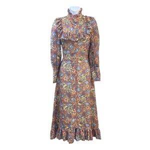 Vintage 70s The Cottager Floral Maxi Dress Cottagecore Prairie Victorian Boho